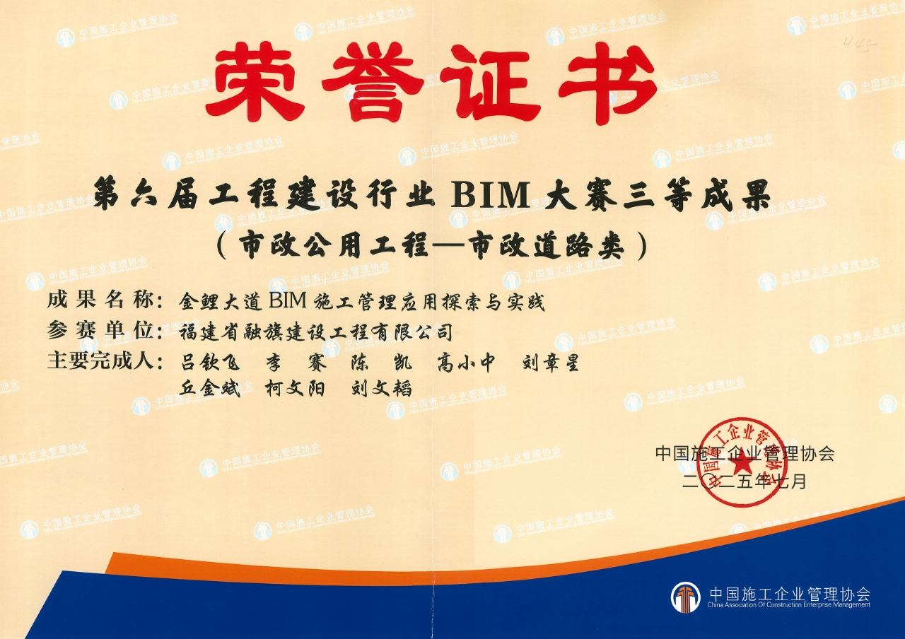 2025.7福建省融旗建设工程有限公司荣获第六届工程建设行业BIM大赛三等成果